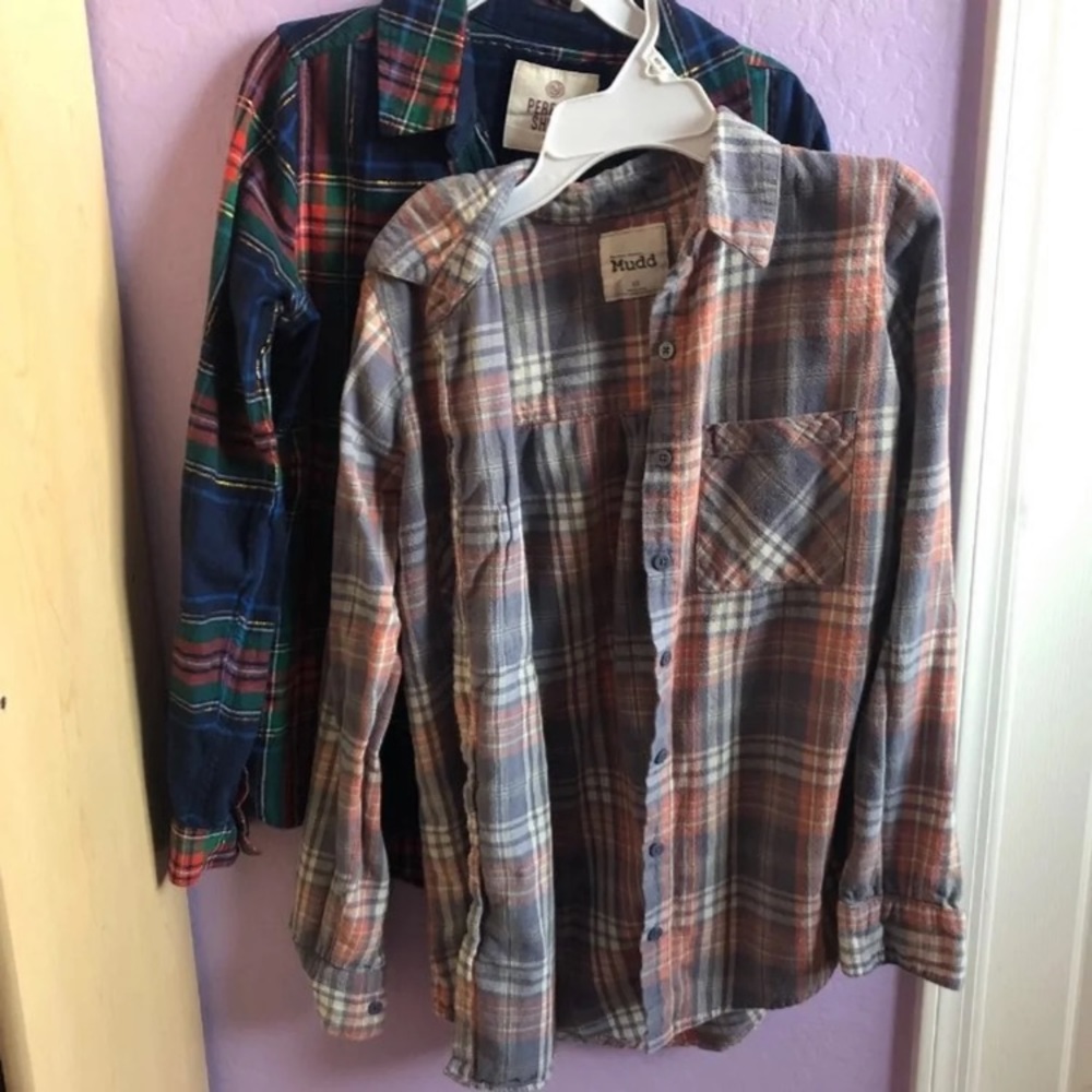 2 Boyfriend Button Up Flannel Plaid Blouses